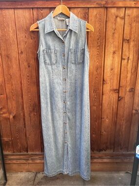Vintage 90s Faded Glory Denim Maxi Shirt Dress Size S Light Wash